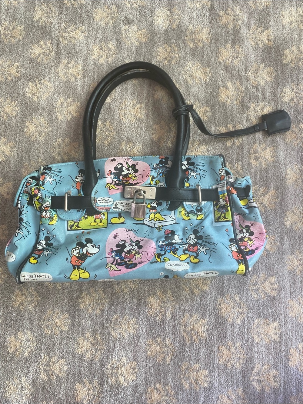 Disney Blue Mickey & Minnie Cartoon Satchel with Black Handles